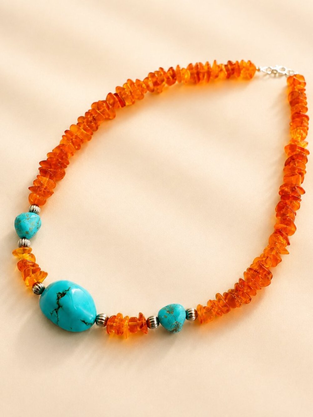 Baltic Amber & Turquoise Necklace With Sterling Silver Navajo Beads